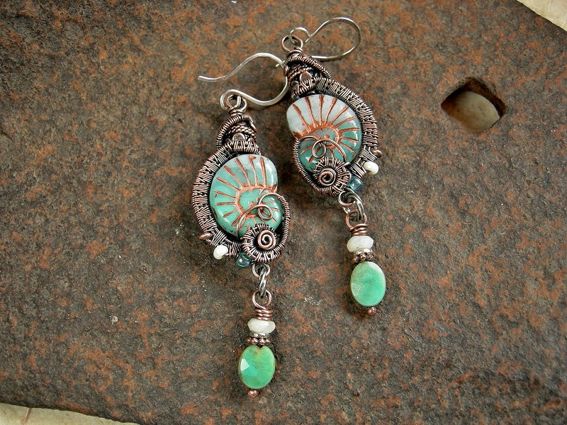 Aqua glass nautilus bead earrings with oxidized copper wire wrap, faceted chrysopase & moonstone, handmade sterling ear wires. 