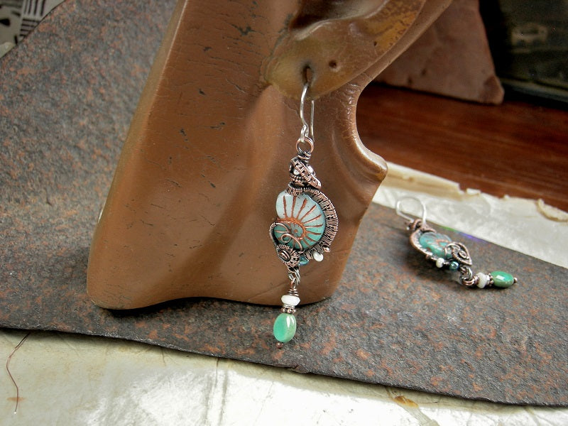 Queen of the Sea earrings, aqua glass nautilus beads with oxidized copper wire wrap, faceted chrysopase & moonstone, handmade sterling ear wires. 