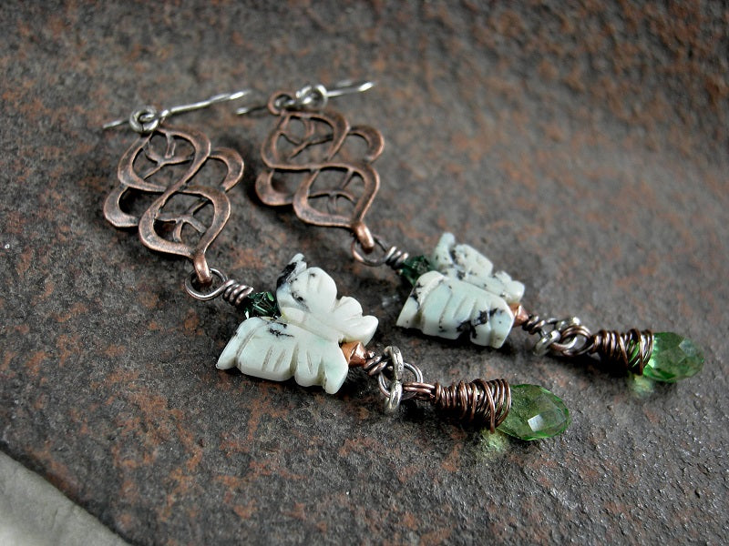 Spring Winds Earrings, Stone Butterflies, Twining Copper Hangers, Crystal