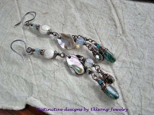 Mermaid Swag earrings, long cluster style with abalone, apatite, opalite, conch shell, Swarovski crystal & turquoise. Aqua, white & copper. 