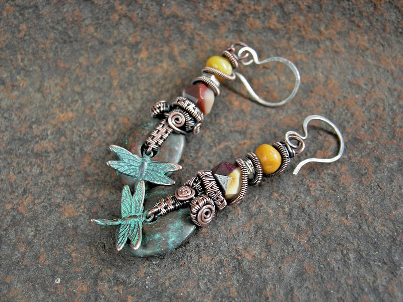Desert Dragonfly Earrings, Mykonos Ceramic, Mookaite & Amber