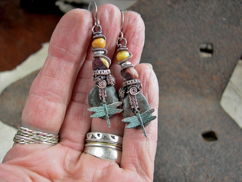 Desert Dragonfly Earrings, Mykonos Ceramic, Mookaite & Amber