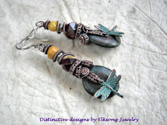 Desert Dragonfly Earrings, Mykonos Ceramic, Mookaite & Amber