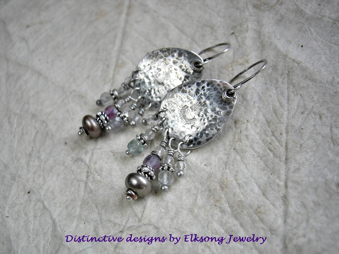 Frothy chandelier style earrings with handmade textured sterling tear drop shapes, crystal, fluorite & colored button pearl beads. 