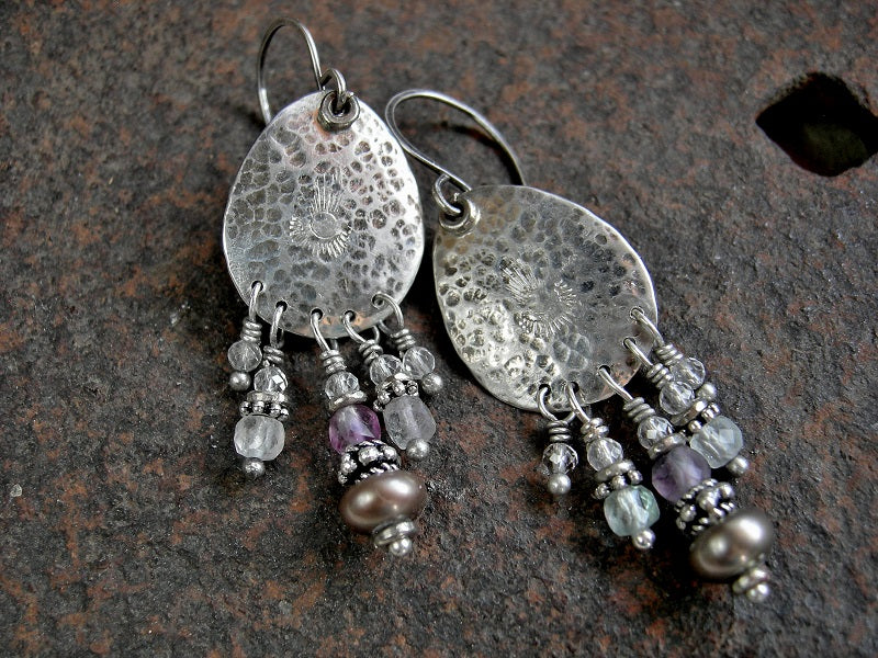 Boho luxe chandelier earrings with handmade textured sterling tear drop shapes, crystal, fluorite & colored button pearl beads. 