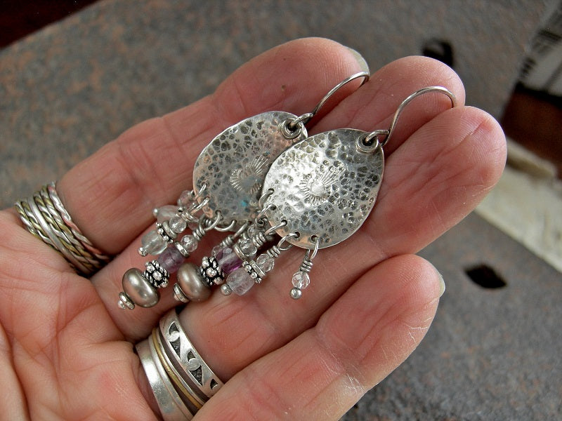 Subtle colored chandelier earrings with handmade textured sterling tear drop shapes, crystal, fluorite & colored button pearl beads. 