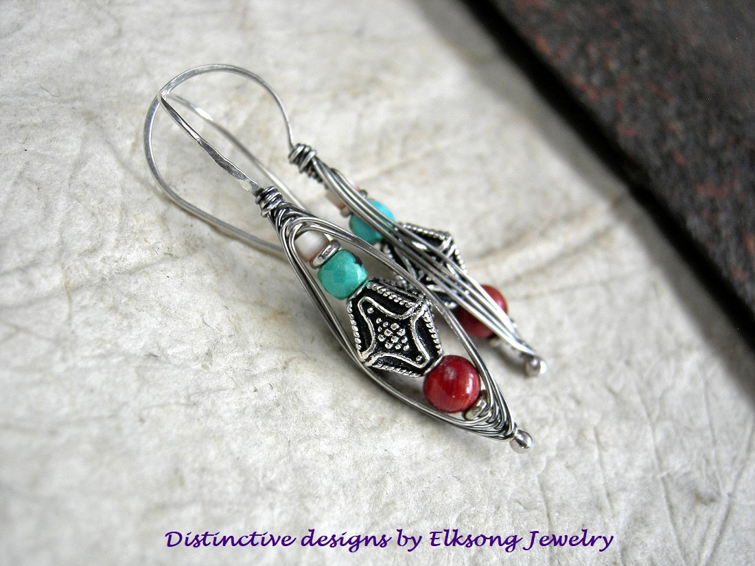 Boho Out West Wrapped Hook Earrings, Turquoise, Coral, Sterling Silver