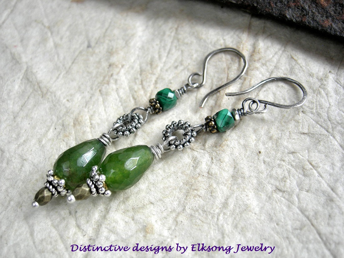 Spring green gemstone & mixed metal drop earrings with green agate, malachite & sterling ear wires. 