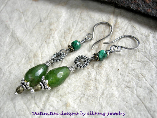 Spring green gemstone & mixed metal drop earrings with green agate, malachite & sterling ear wires. 