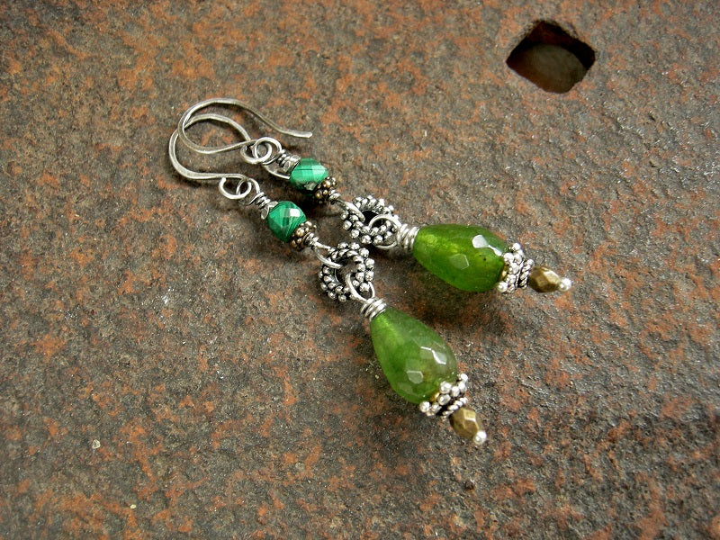 Simple & elegant gemstone & mixed metal drop earrings with green agate, malachite & sterling ear wires. 