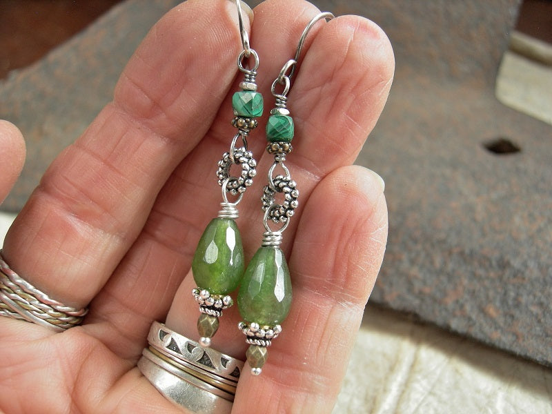 Boho luxe gemstone & mixed metal drop earrings with green agate, malachite & sterling ear wires. 