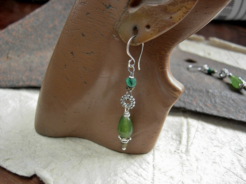 Green gemstone & mixed metal dangle  earrings with green agate, malachite & sterling ear wires. 