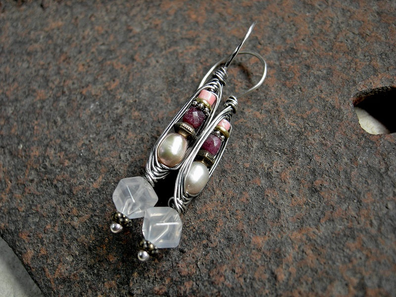 Boho luxe wrapped hook earrings with sterling silver wire wrap, antiqued bronze, coral, tourmaline, pearl & rose quartz. 