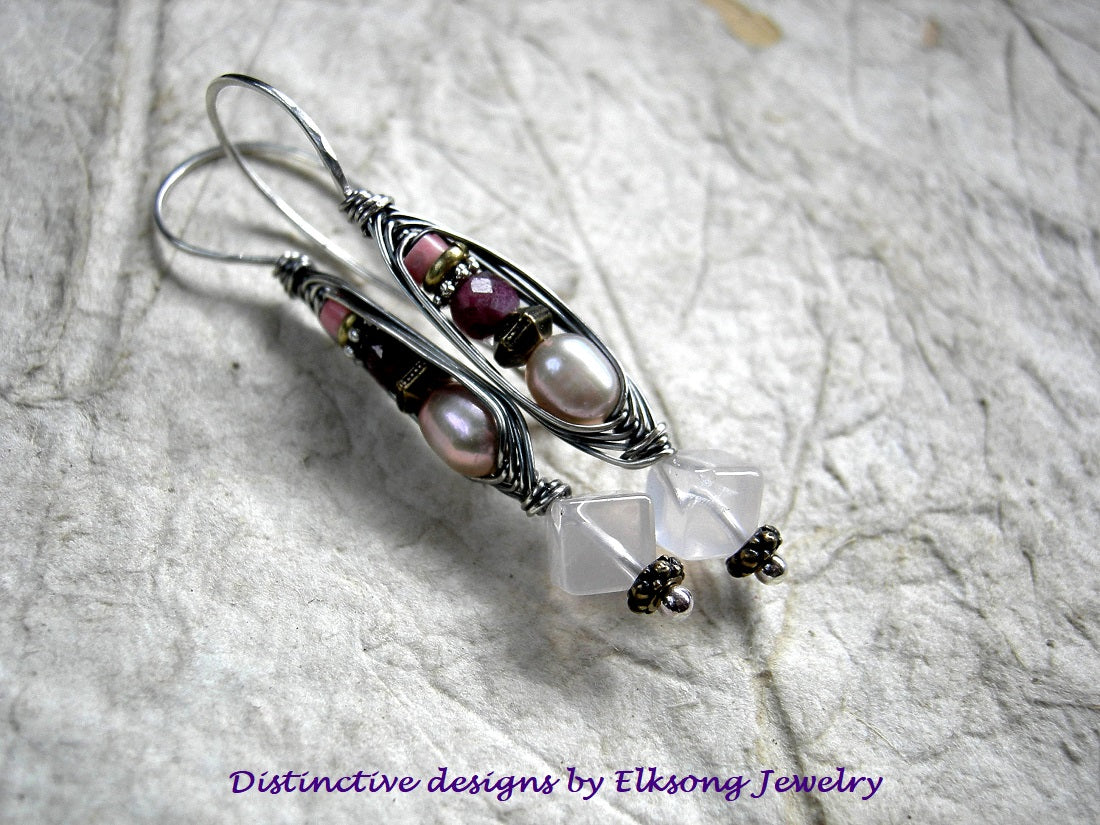 Loves Soft Voice wrapped hook earrings with sterling silver wire wrap, coral, tourmaline, pearl & rose quartz. 
