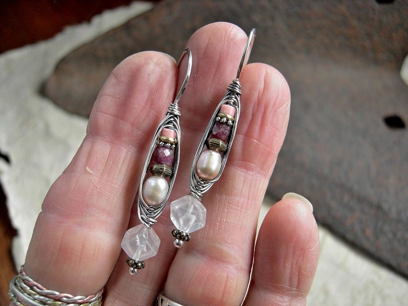 Pink, silver & bronze wrapped hook earrings with sterling silver wire wrap, coral, tourmaline, pearl & rose quartz. 