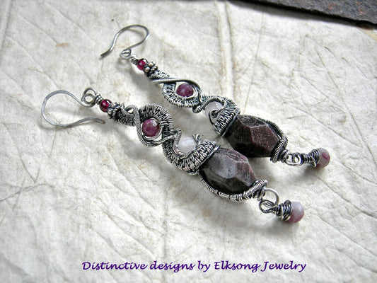 Smoldering garnet & sterling wire wrap earrings with faceted rose quartz, genuine ruby & eudialyte onion briolettes. Sterling ear wires. 