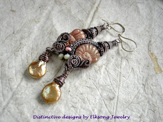 Golden Seas glass nautilus & copper wire wrap earrings with gold coin pearls, yellow opal, pink coral & sunstone, copper Bali beads, 14kt gold filled ear wires. 