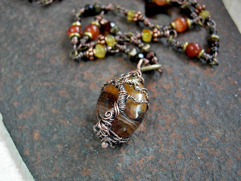 Earthy boho copper wire wrap tree necklace with antiqued brass  & copper beads, amber nuggets & faceted rounds & carnelian. 