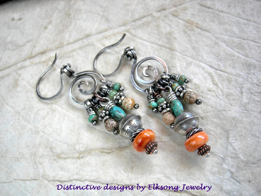 Desert Spirit earrings with sterling spirals and turquoise, picture jasper, spiny oyster shell & sterling bench beads. 