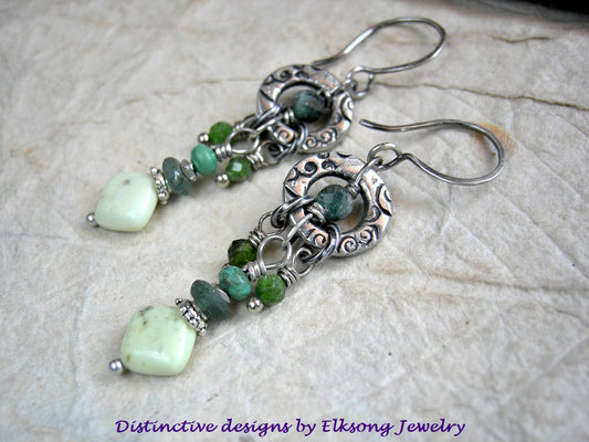Green Fields earrings with stamped silver rings, green gemstone mix, ancient Roman glass discs, sterling ear wires. 