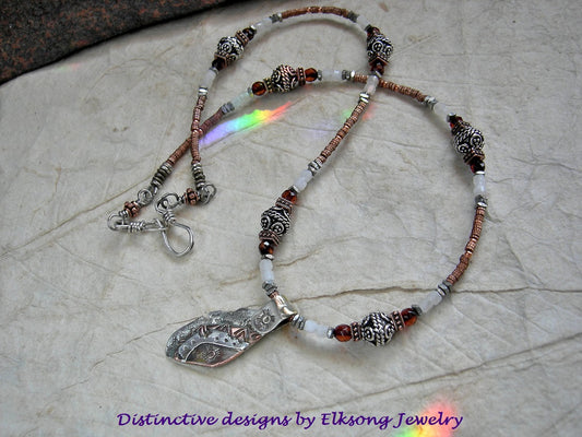 Sun & Moon Necklace, Copper & Silver Metalwork Focal, Amber, Moonstone