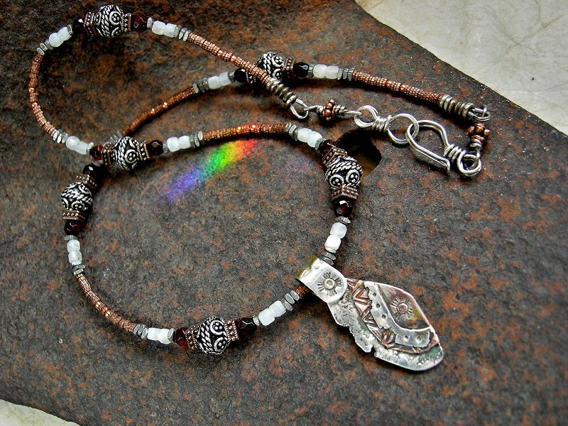 Sun & Moon Necklace, Copper & Silver Metalwork Focal, Amber, Moonstone