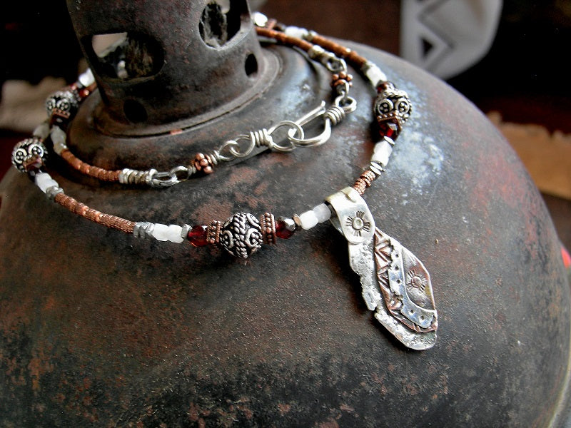 Sun & Moon Necklace, Copper & Silver Metalwork Focal, Amber, Moonstone