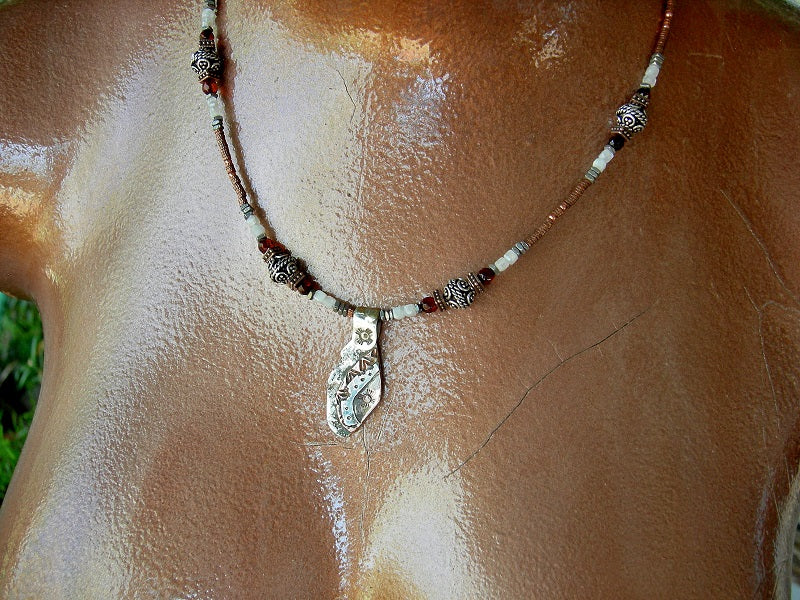 Sun & Moon Necklace, Copper & Silver Metalwork Focal, Amber, Moonstone