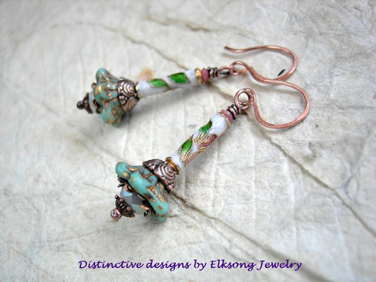 Pair of beaded, green & pink floral  earrings with intricate designs,  featuring the brand 'Elksongy Jewelry'.