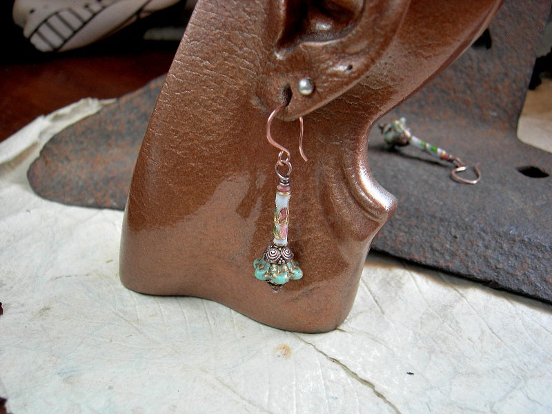 Dainty Green & Pink Floral Earrings, Cloisonne & Crystal Beads, Copper