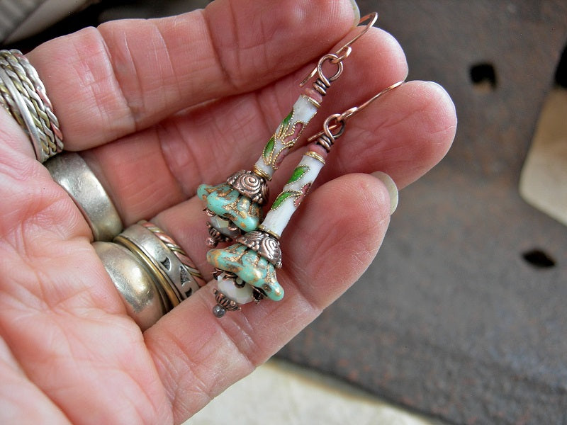Dainty Green & Pink Floral Earrings, Cloisonne & Crystal Beads, Copper
