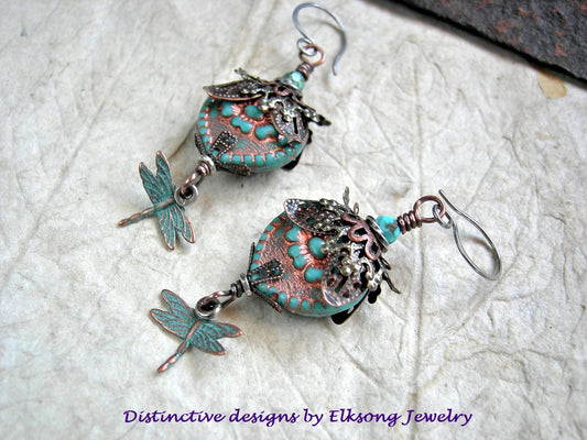 Dragonfly Love Earrings, Aqua Glass Hearts, Filigree, Verdigris Charms