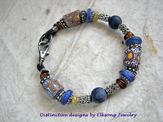 Afro Boho Bracelet, Antique Trade Beads, Lapis, Ornate Silver
