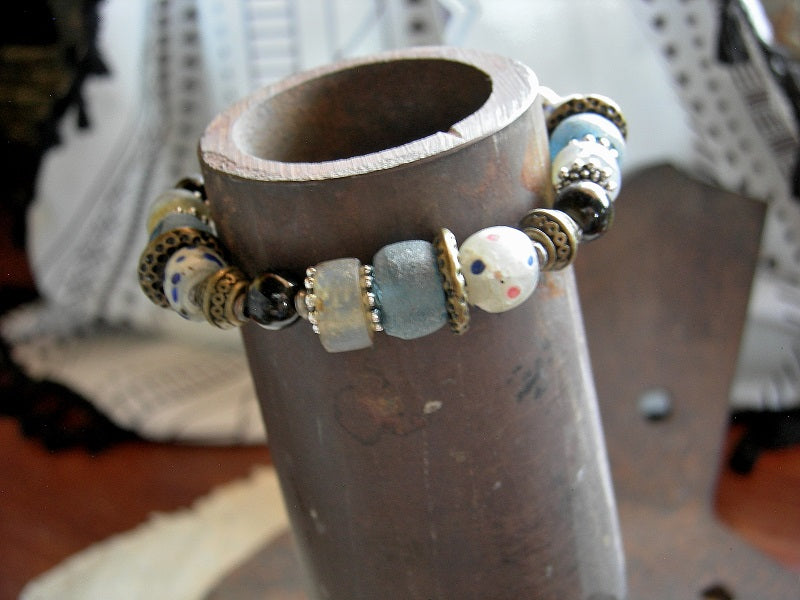 Seafoam Bracelet, Antiqued Venetian Glass Beads, Antiqued Brass