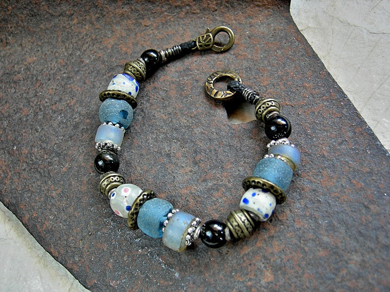 Seafoam Bracelet, Antiqued Venetian Glass Beads, Antiqued Brass