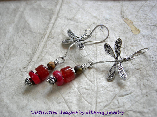 Fire & Water silver dragonfly earrings with Art Nouveau style dragonflies, coral, carnelian, Red Creek jasper & silver beads. 