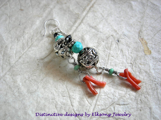 Ornate Silver & Gemstone Earrings, Coral Fringe, Faceted Turquoise