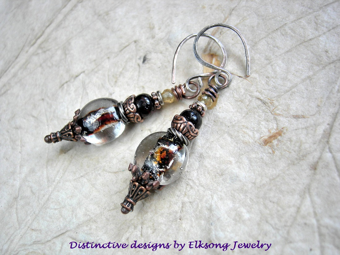 Dark Honey Earrings, Lampwork Glass Lentils, Black Amber, Copper