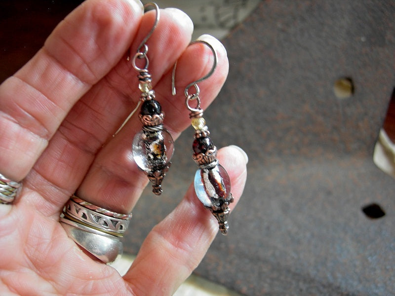 Dark Honey Earrings, Lampwork Glass Lentils, Black Amber, Copper