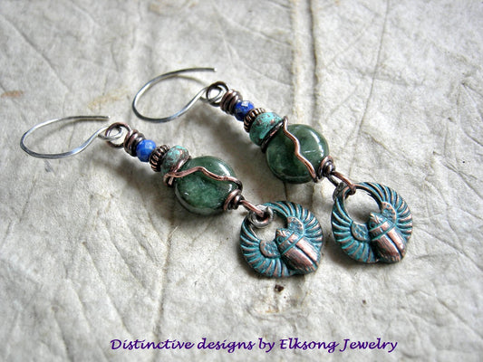 Nile Waters Earrings, Verdigris Copper Scarab Charms, Jade & Lapis