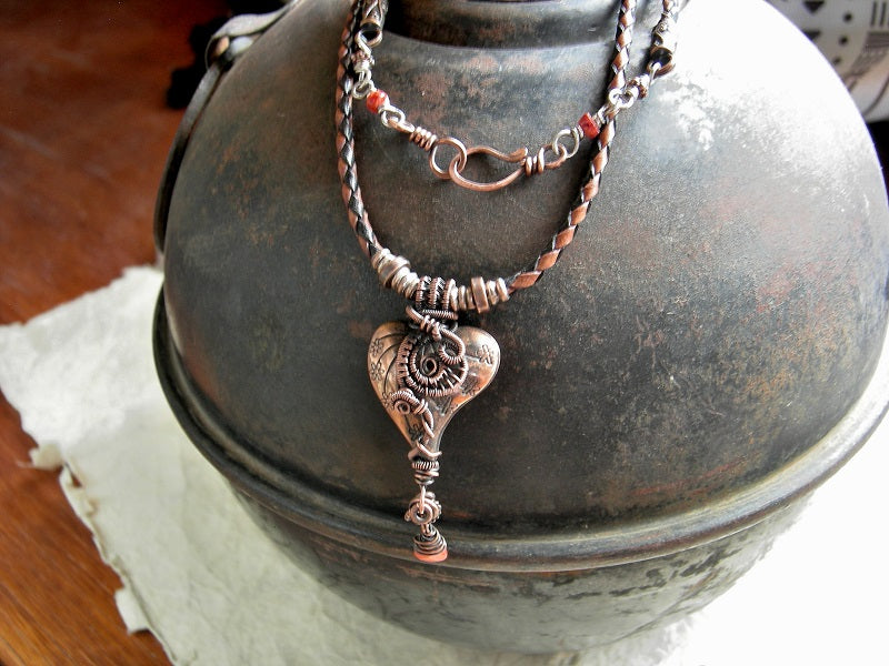 Love Knot Necklace, Thai Style Copper Heart, Coral & Wire Wrap