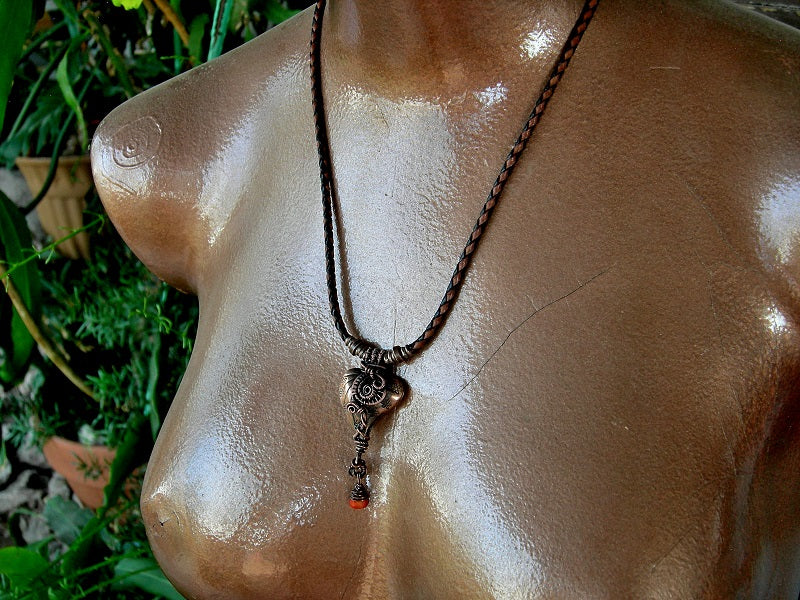 Love Knot Necklace, Thai Style Copper Heart, Coral & Wire Wrap