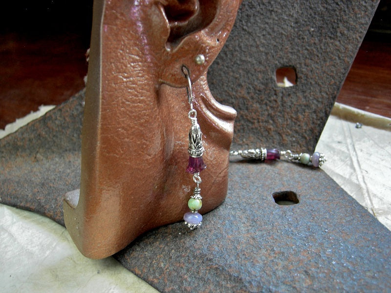 Spring Flowers, Purple & Green Gemstone, Glass Flowers & Silver Cones