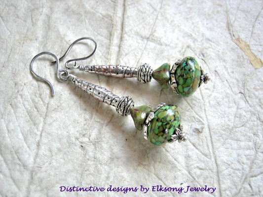 Elegant silver earrings with green glass flowers & stone beads, sterling ear wires