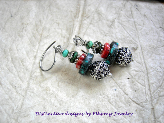 Multi color gemstone stack earrings with turquoise, spiny oyster shell & sterling-over-copper Bali style beads. 