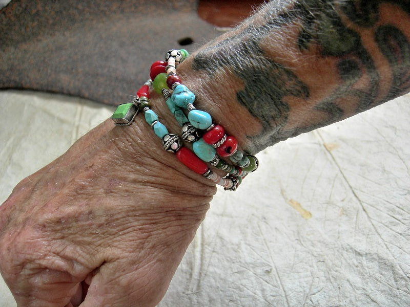 Southwest Color Wrap Bracelet/Necklace, Coral, Turquoise, Sterling Silver