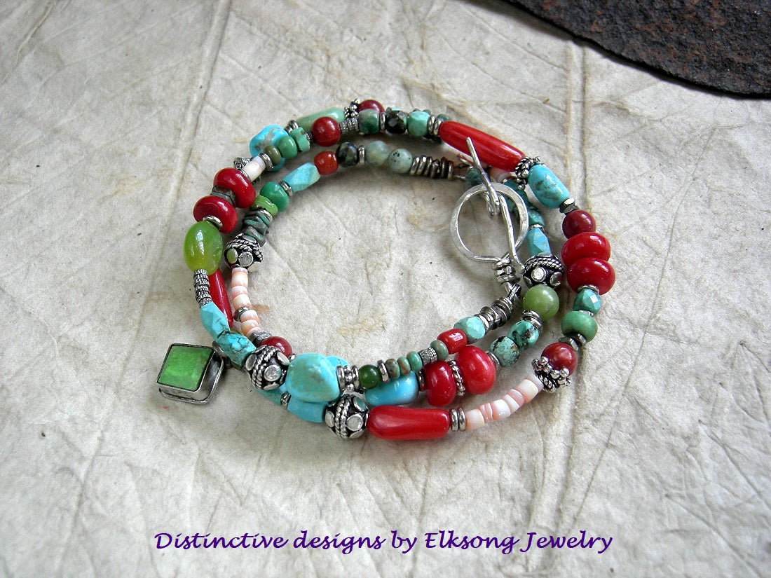 Southwest color gemstone & sterling beaded wrap bracelet or necklace with turquoise, coral & chrysoprase.