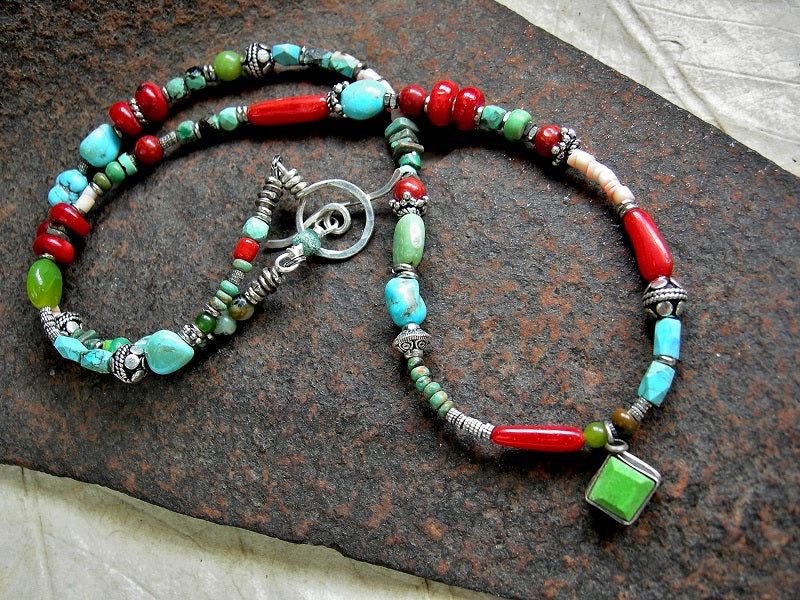 Southwest Color Wrap Bracelet/Necklace, Coral, Turquoise, Sterling Silver