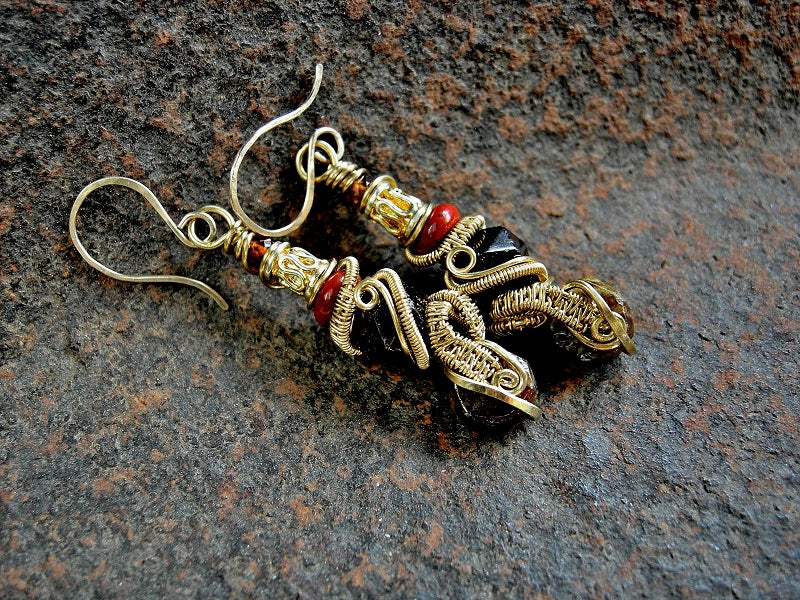 Golden Fire Earrings, Multi Color Garnet, Golden Brass Wire Wrap