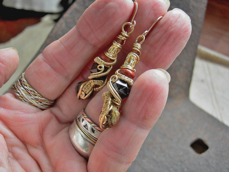 Golden Fire Earrings, Multi Color Garnet, Golden Brass Wire Wrap